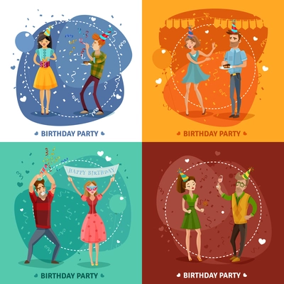 Birthday party 4 festive icons square with happy celebrating couples on colorful background isolated vector illustration