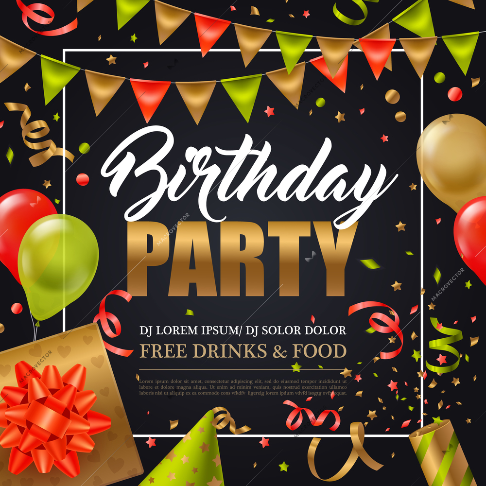 Birthday party invitation poster with colorful holiday elements on black background flat vector illustration