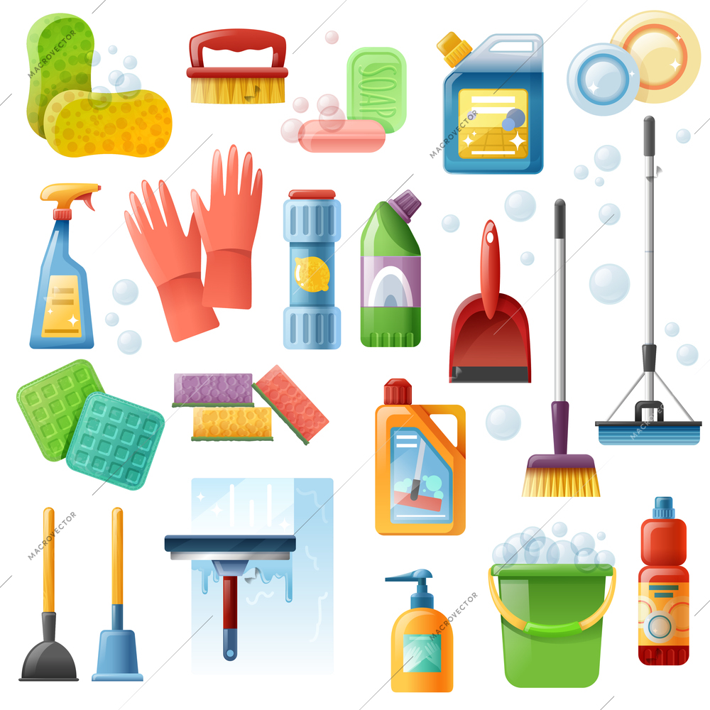 Cleaning products supply flat icons collection with bucket plunger window squeegee and floor mop  isolated vector illustration