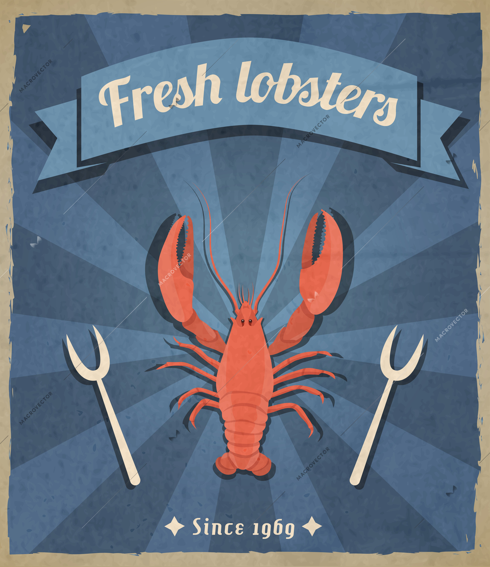 Fresh lobster retro vintage restaurant advertising poster with beam background vector illustration