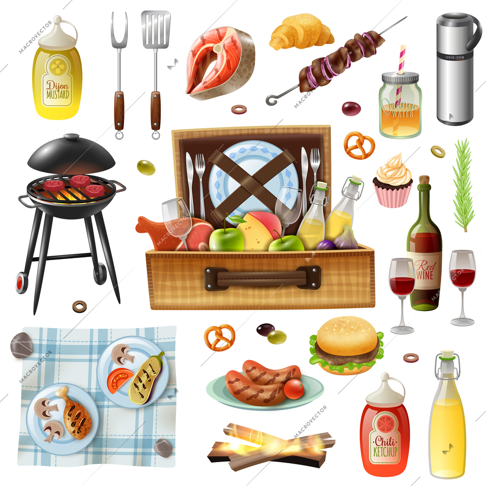 Family picnic barbecue grill food drinks rug and accessories realistic icons set with sausages and salmon vector illustration