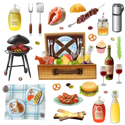 Family picnic barbecue grill food drinks rug and accessories realistic icons set with sausages and salmon vector illustration