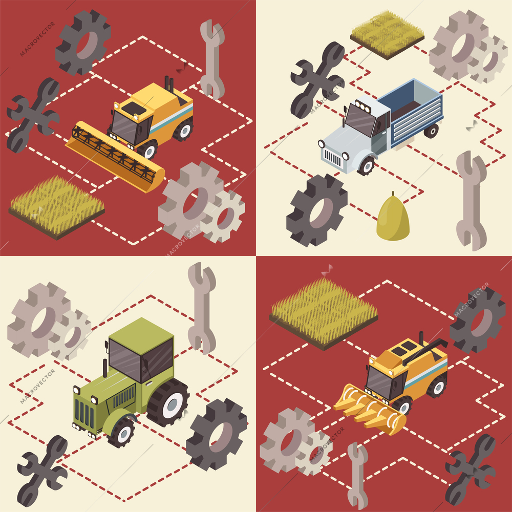 Farm vehicles isometric concept with tractor and truck spare parts and work tools fields isolated vector illustration