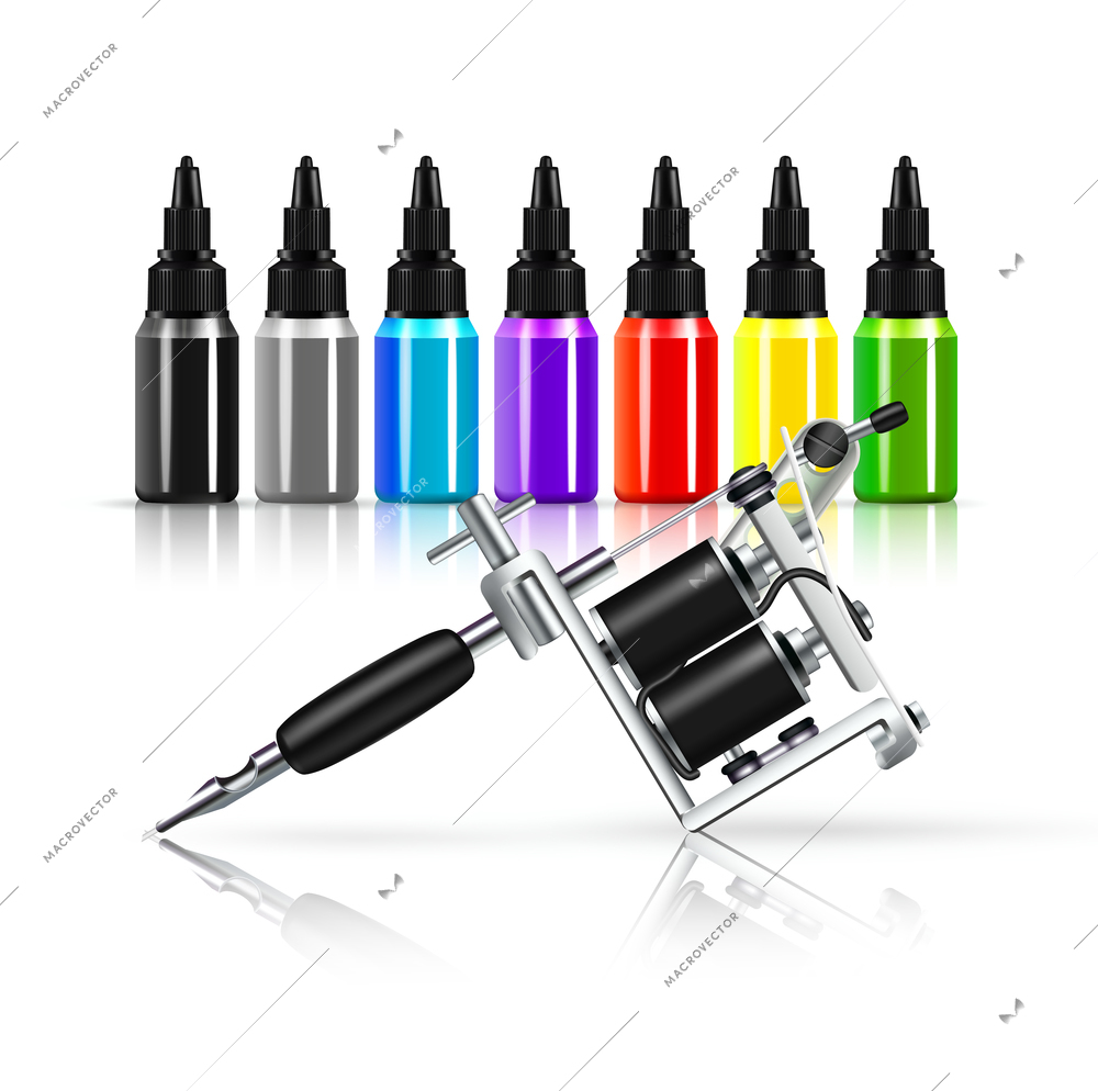 Tattoo machine and row of colored inks in plastic bottles with reflection on white background vector illustration