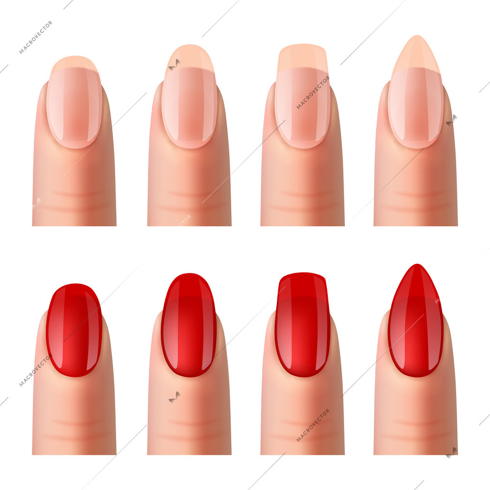 Women nails shapes best sheer foundation and red varnish manicure 2 realistic banners set isolated vector illustration