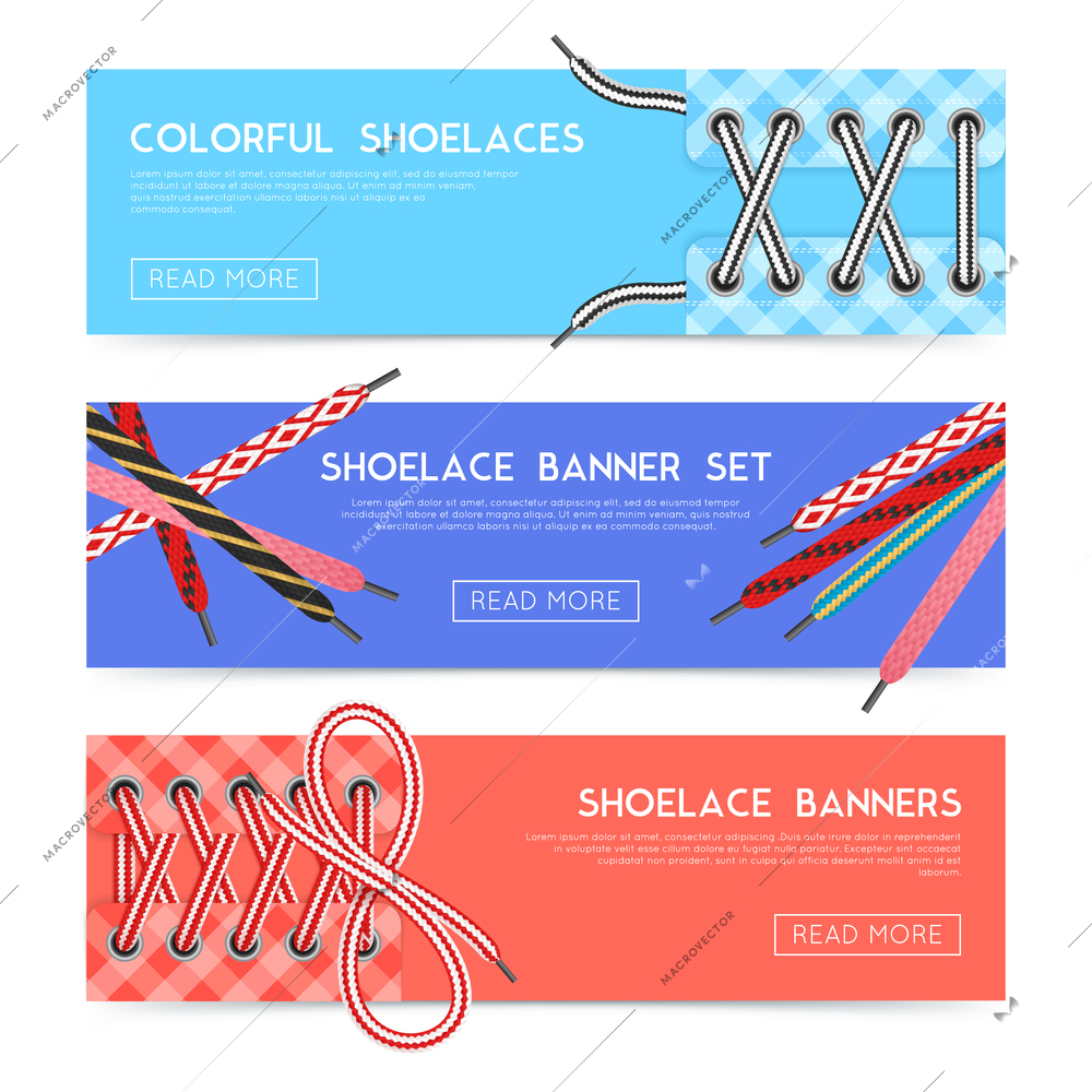 Colorful horizontal banners set with various shoelaces flat isolated vector illustration