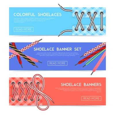 Colorful horizontal banners set with various shoelaces flat isolated vector illustration