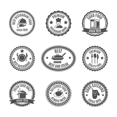 Restaurant food and cooking labels set with cooking symbols isolated vector illustration