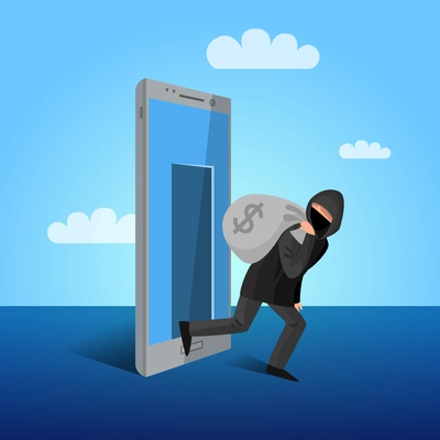 Smartphone hacker escaping through device screen with money mobile phones cyber attacks warning flat poster vector illustration