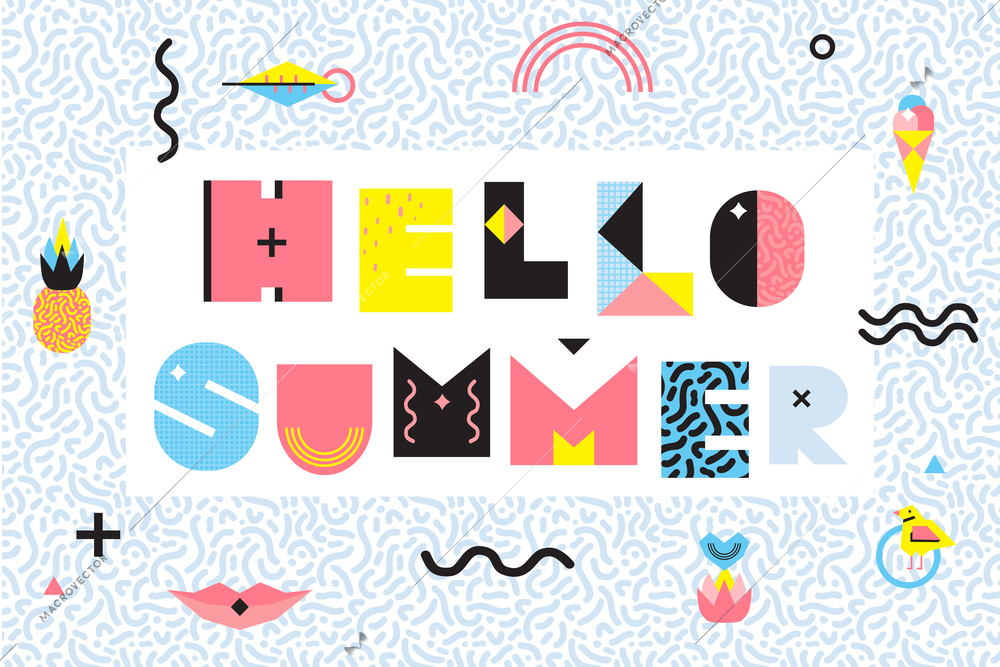 Hello summer memphis style design with black wavy lines geometric elements food on decorative frame vector illustration