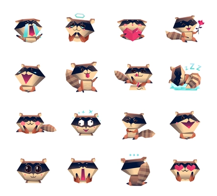 Raccoon animation cartoon character mood icons big set collection with sleepy love happy surprised symbols isolated vector illustration