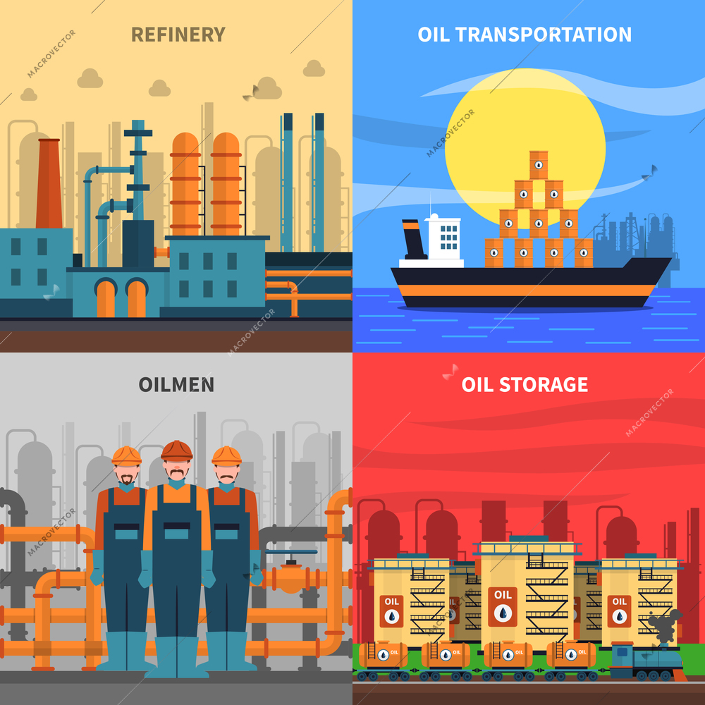 Oil concept icons set with refinery transportation and storage symbols flat isolated vector illustration