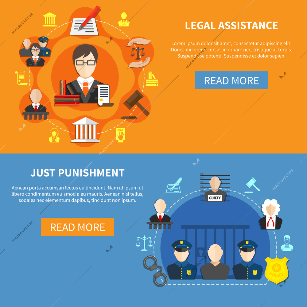 Two horizontal colored and flat law banner set with legal assistance just punishment descriptions and buttons read more vector illustration