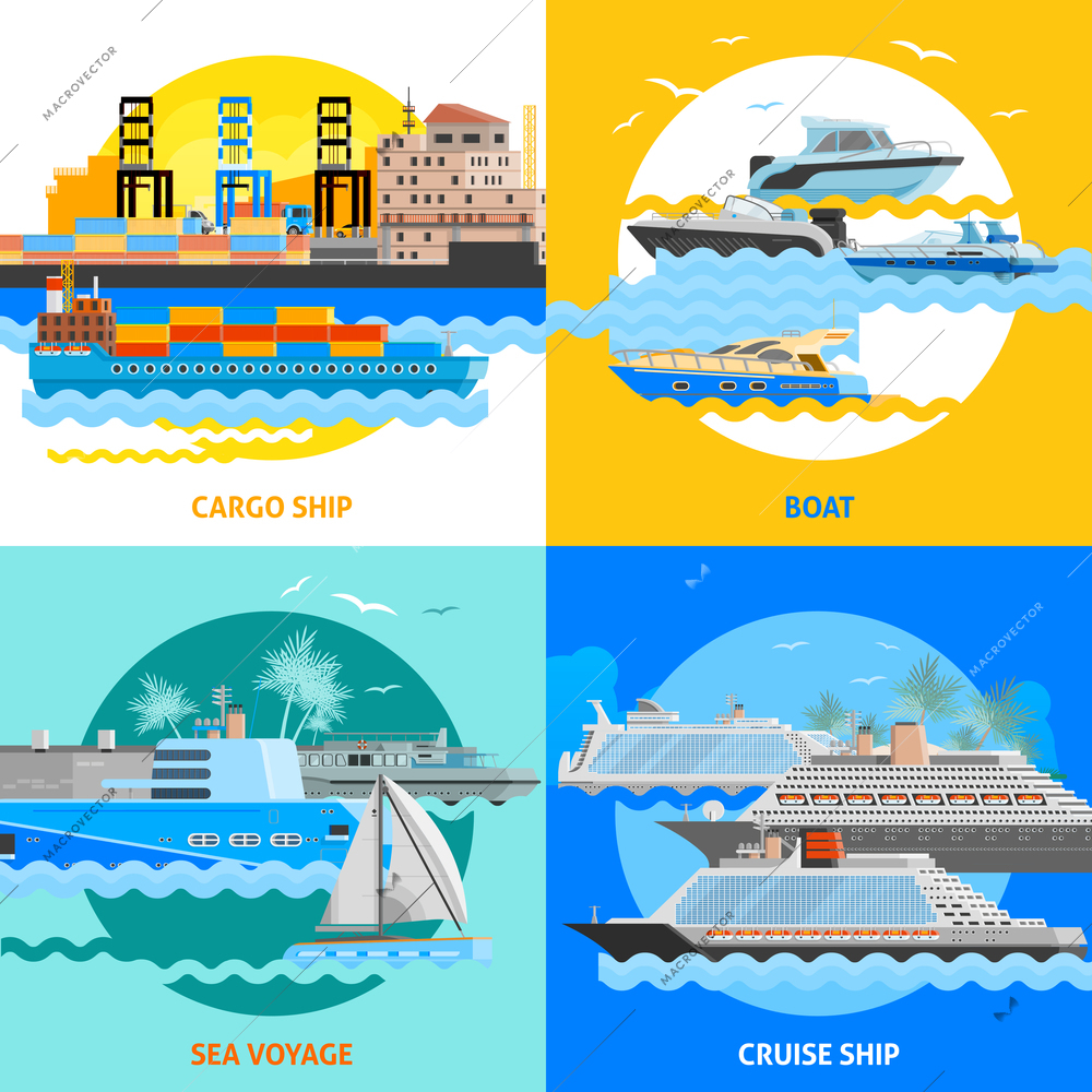 Water transport 2x2 flat design concept set of cargo ships boats cruise liners and sea voyage vector illustration