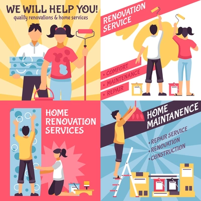 Renovation design concept with four retro style compositions with text and male female home improvement crew vector illustration