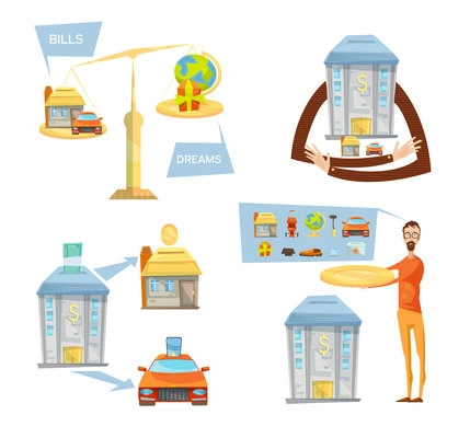 Debt concept with isolated conceptual images of scales banking house icons thought bubbles and male character vector illustration