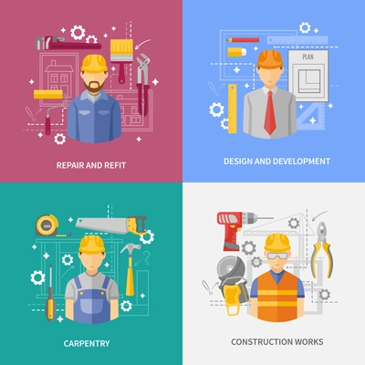 Development and design concept of construction works 4 flat icons square composition banner abstract isolated vector illustration