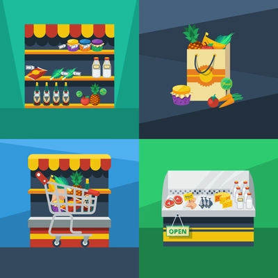 Supermarket 2x2 flat design concept with best price eco food shopping cart and fresh products compositions vector illustration