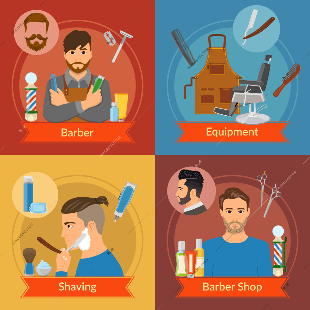 Compositions with red ribbon in flat style with hairdresser and equipment shaving barber shop isolated vector illustration