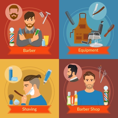 Compositions with red ribbon in flat style with hairdresser and equipment shaving barber shop isolated vector illustration