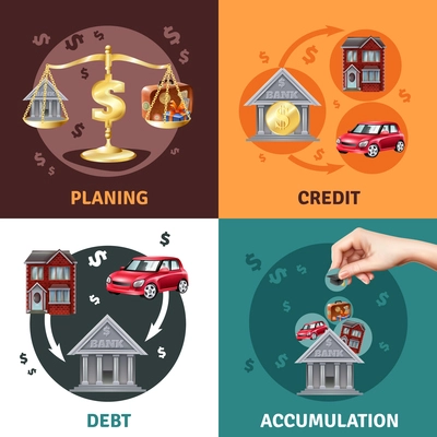 Debit credit balances bookkeeping budget planning concept 4 flat infographic elements icons square composition isolated vector illustration