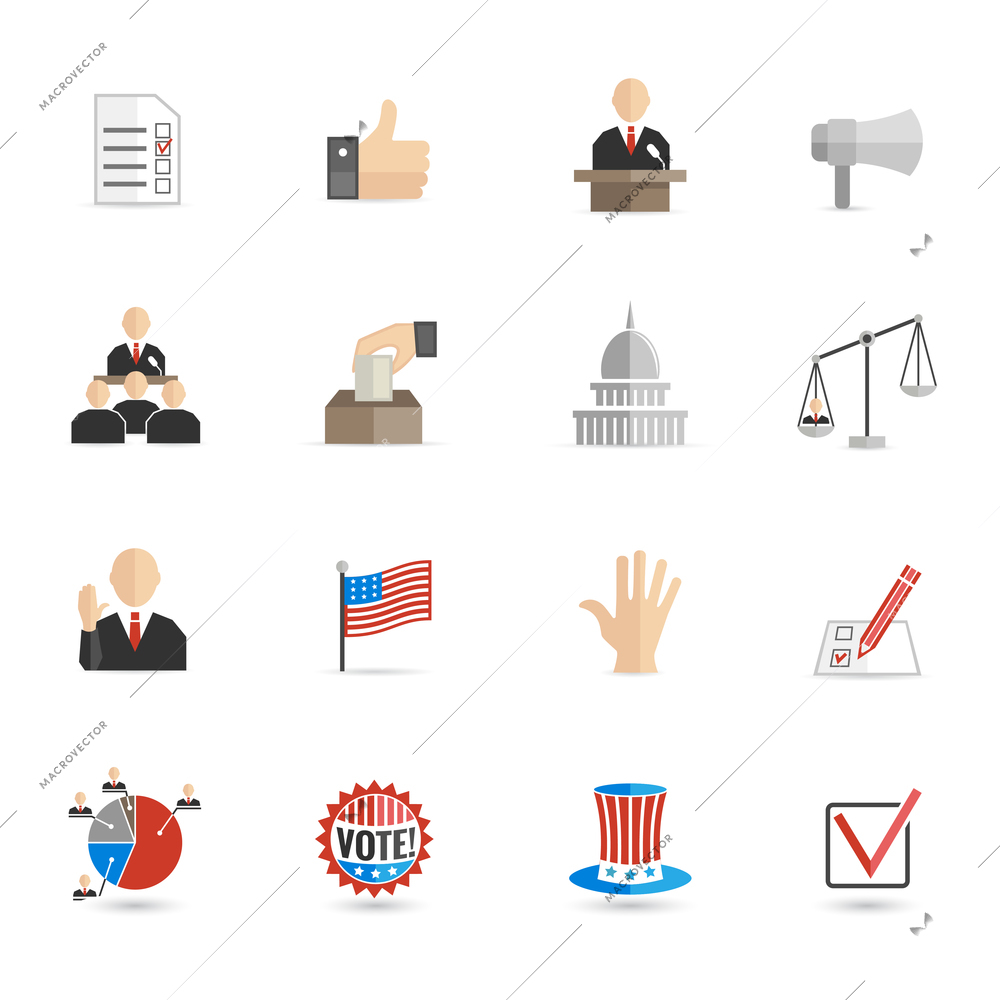 Elections and voting icons set with ballot mark sign hand flag isolated vector illustration