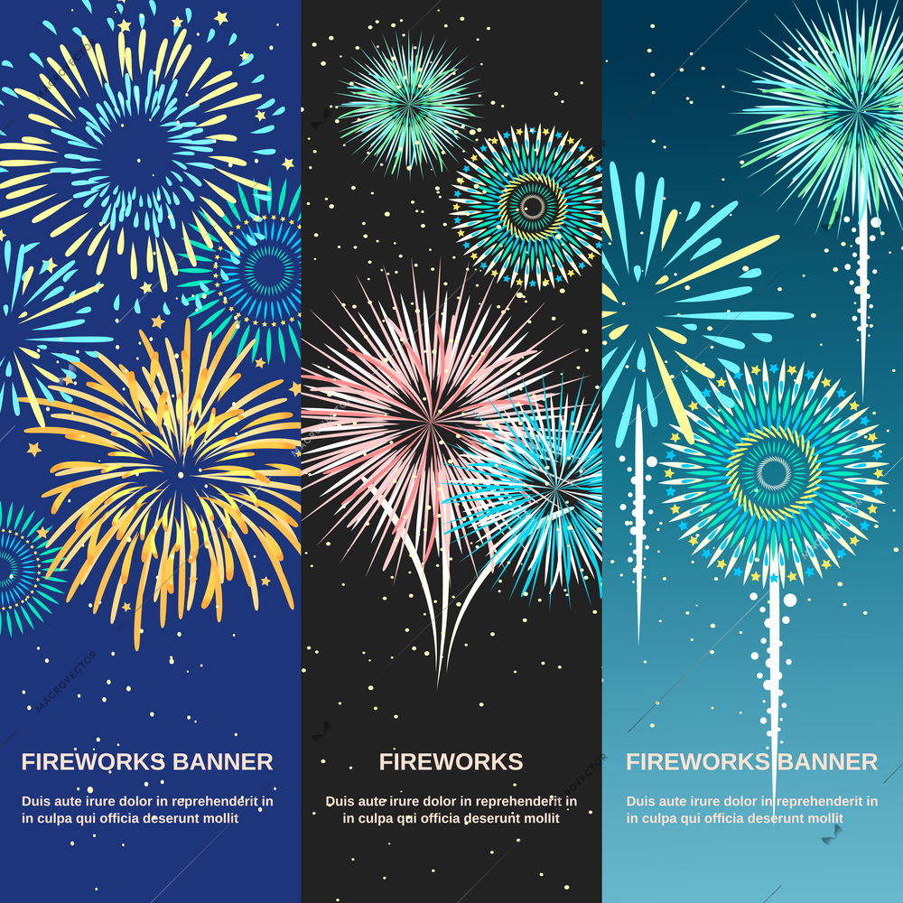 Festive firework abstract vertical banners template set designed for party or anniversary invitation flat vector illustration