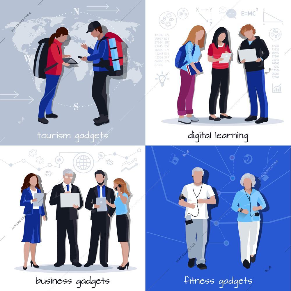 People traveling learning exercising and communicating with business colleagues with gadgets 4 flat icons isolated vector illustration