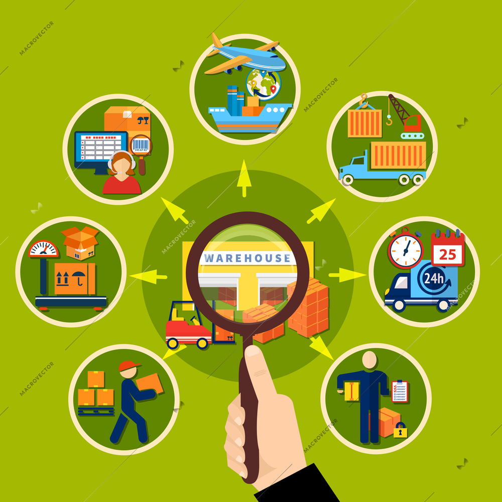 Warehouse magnifier composition with little round icon set around searcher with magnifier vector illustration