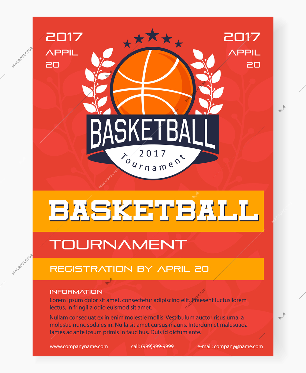 Basketball tournament poster with emblem and information about competition design elements on textured red background vector illustration