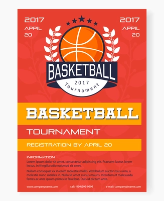 Basketball tournament poster with emblem and information about competition design elements on textured red background vector illustration