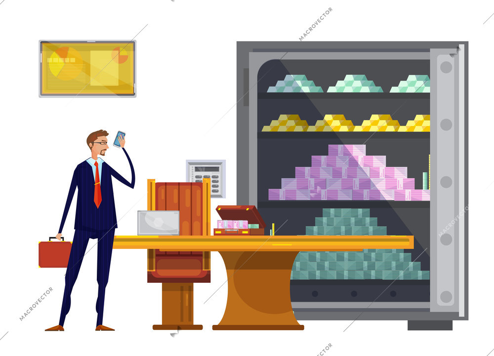 Cartoon composition with office safe box filled with tons of money and successful financial worker character vector illustration