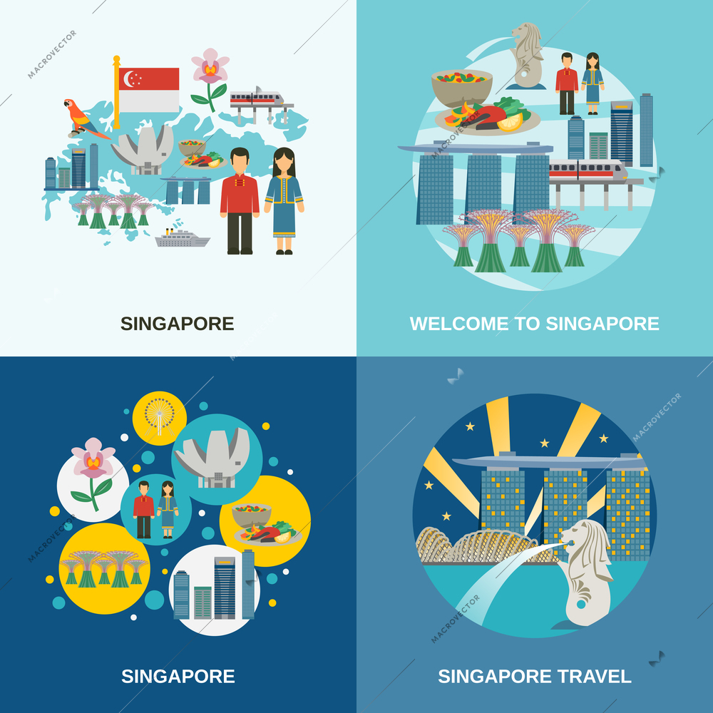 Tourist attractions in Singapore 4 flat icons composition poster with cultural symbols pictograms abstract isolated vector illustration