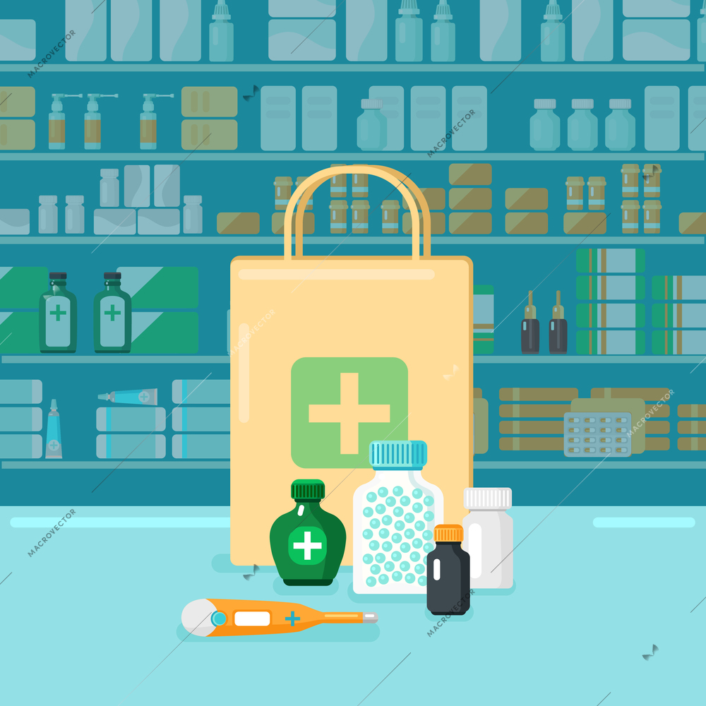 Colored flat pharmacy concept with buying in firm package on background of shop windows with medications vector illustration