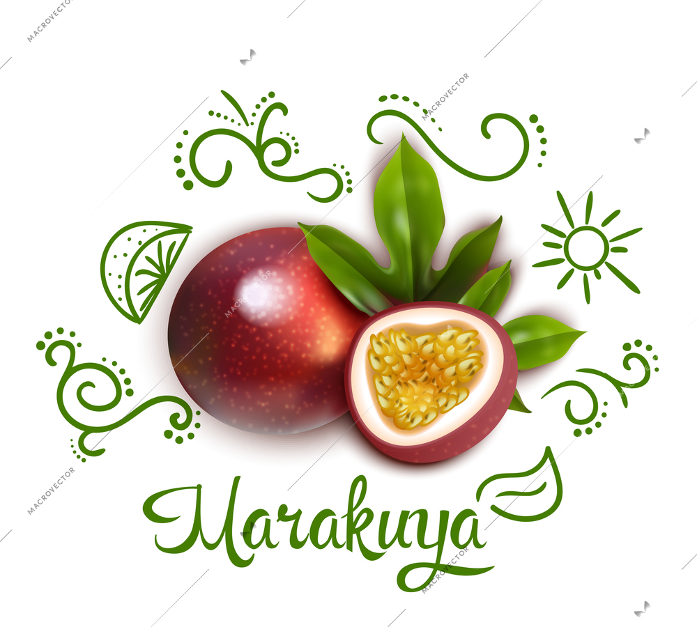 Green doodles with flourishes and sun around 3d passion fruit with leaves on white background vector illustration