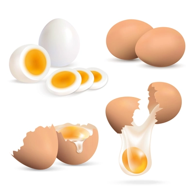 Hard boiled and raw eggs realistic set isolated on white background vector illustration