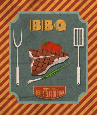 Barbecue retro vintage grill restaurant poster with meat steak tomato and chives vector illustration