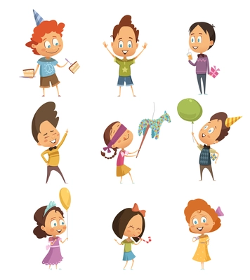 Cartoon retro icons set of kids dancing and having fun at birthday party isolated on white background vector illustration
