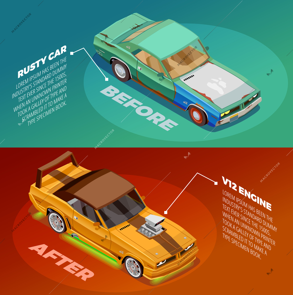 Car appearance and performance tuning 2 posters set with before and after vehicles images description vector illustration