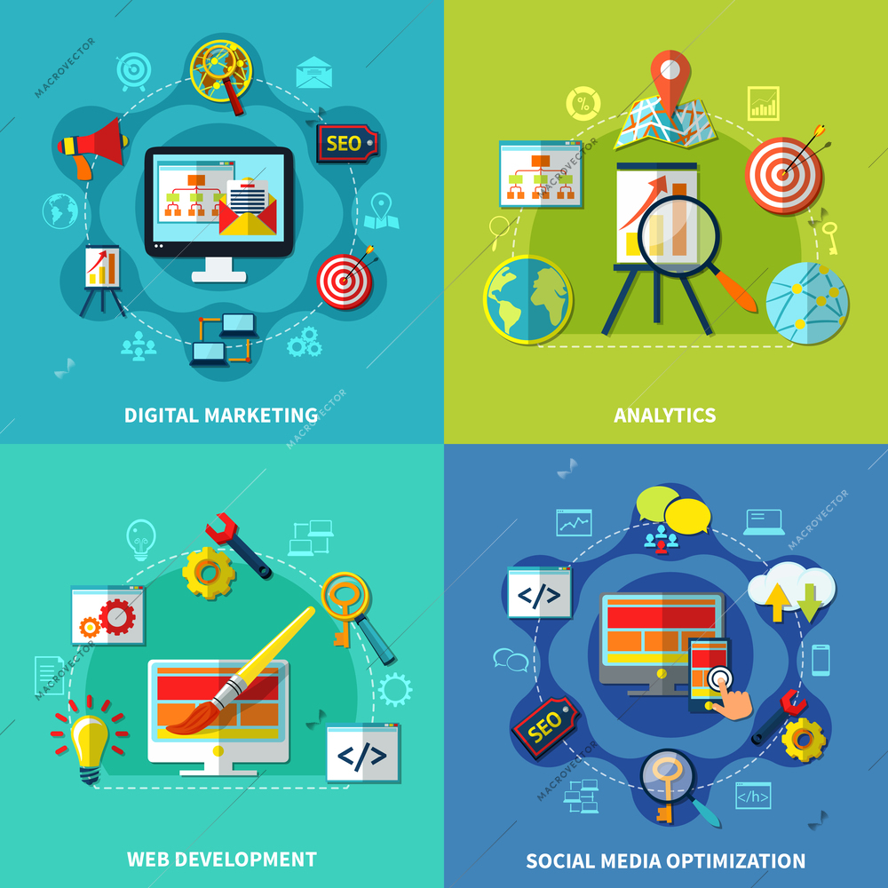 Seo analytics square design concept with digital web marketing social media icons round compositions vector illustration