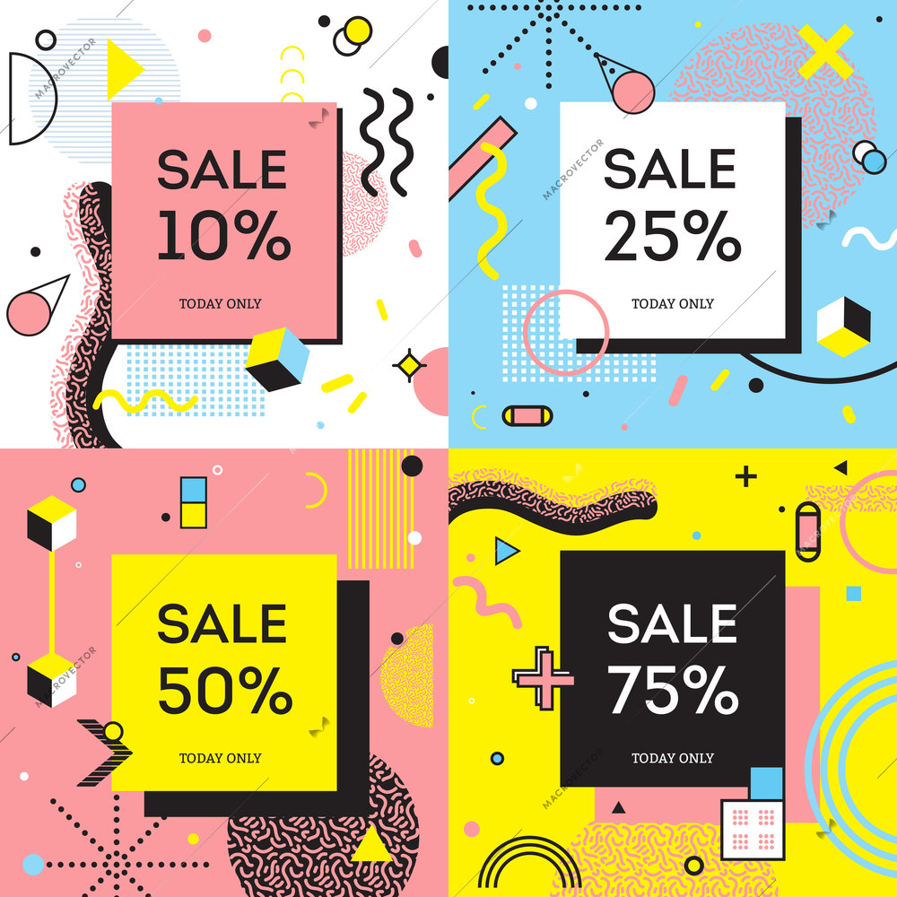 Sale concept in memphis style with percentage of discount on background with geometric shapes isolated vector illustration