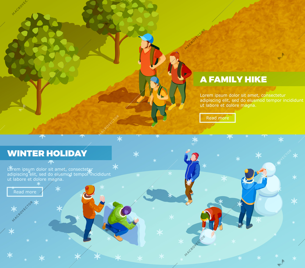 Family outdoor activities 2 isometric webpage banners with winter holidays and autumn hiking trip isolated vector illustration