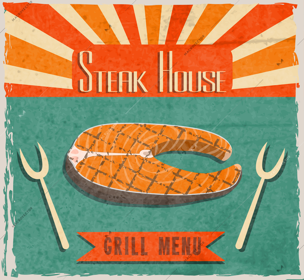 Barbecue retro vintage grill restaurant poster with fish steak vector illustration