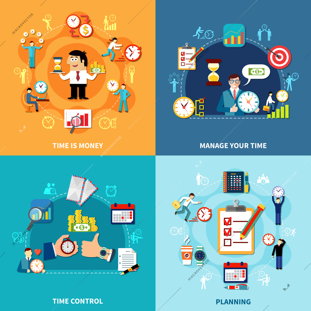 Square time management design concept set with round pictogram compositions organizer icons people and alarm reminder vector illustration
