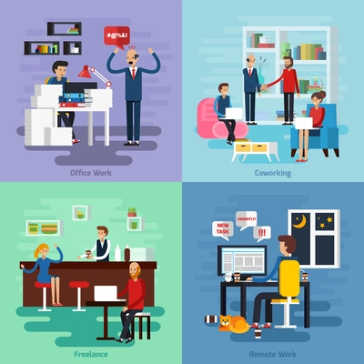 Four square working character composition set with office work coworking freelance and remote work descriptions vector illustration