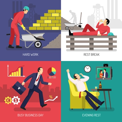 Design concept with tired worker after hard labor and rest after busy business day isolated vector illustration