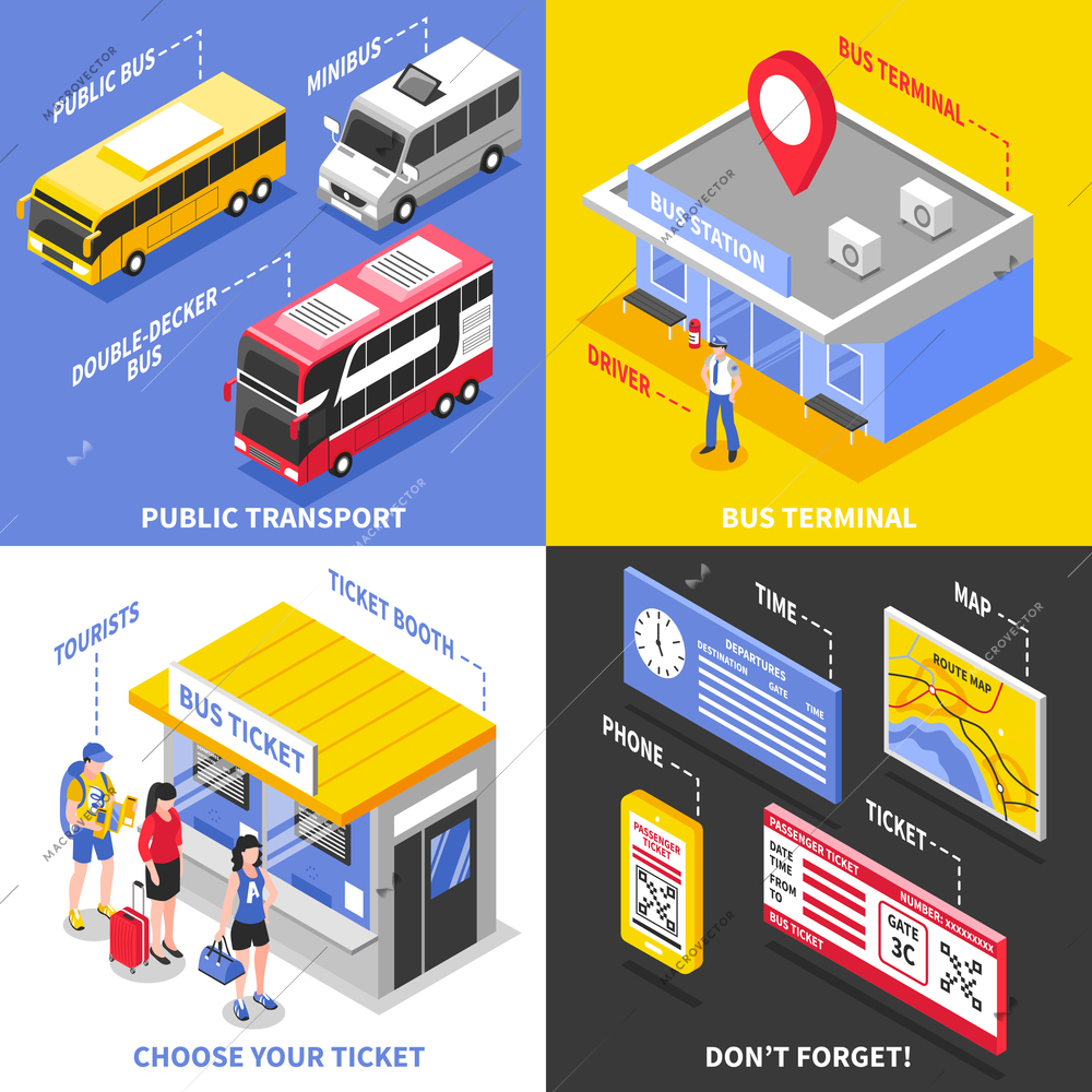 Bus terminal isometric design concept with public transport ticket office and tourists mobile technologies isolated vector illustration