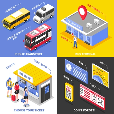 Bus terminal isometric design concept with public transport ticket office and tourists mobile technologies isolated vector illustration