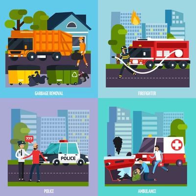 Four square emergency services icon set with garbage removal firefighter police ambulance descriptions vector illustration