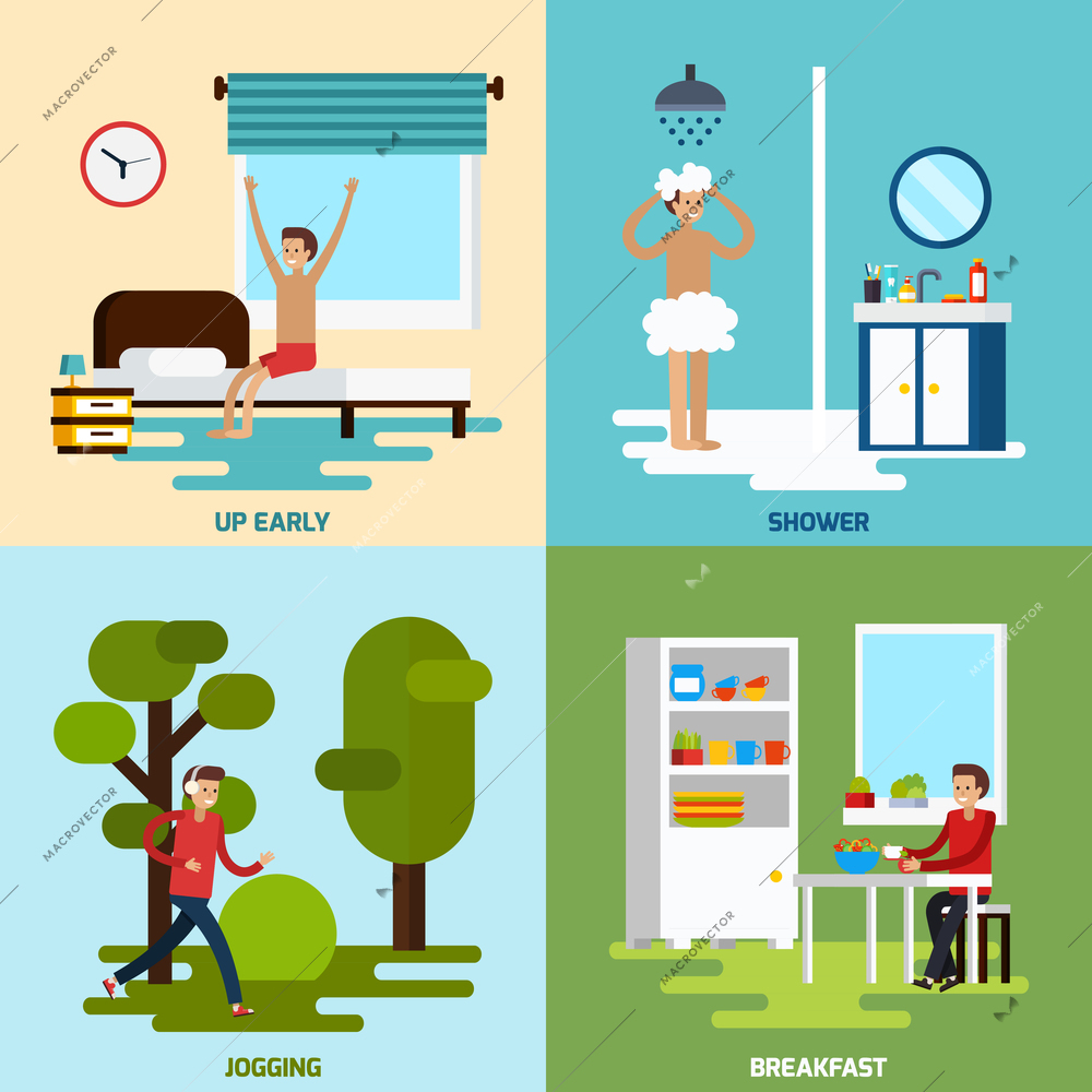 Four square morning character icon set with up early shower jogging and breakfast descriptions vector illustration
